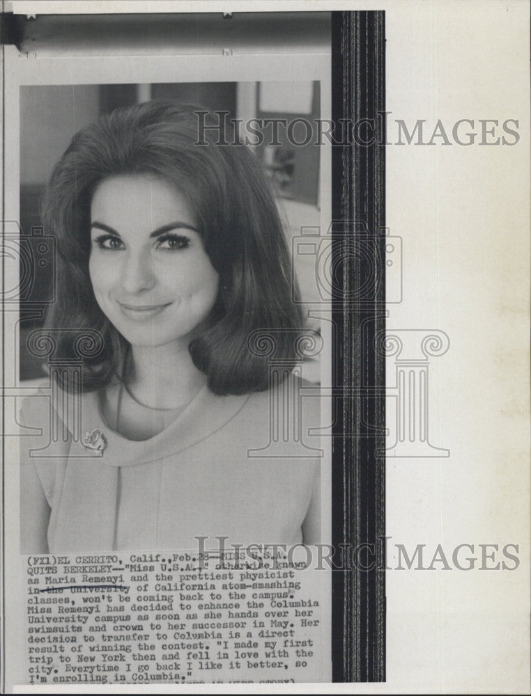 1966 Press Photo Miss USA Maria Remenyi of Berkley, CA - Historic Images