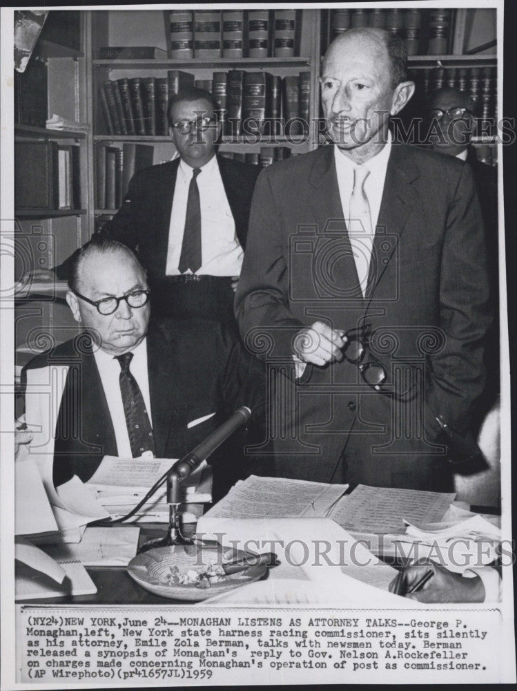 1959 Press Photo Harness Racing&#39;s George P. Monaghan, Attorney Emile Zola Berman - Historic Images