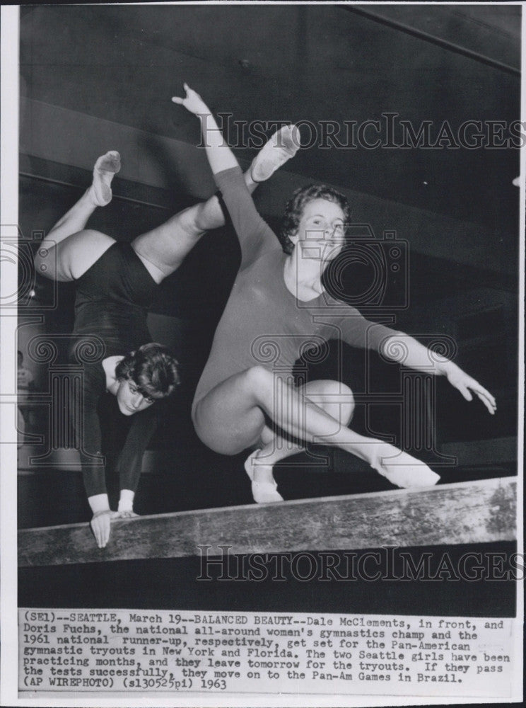 1963 Press Photo Gymnasts Dale McClements, Doris Fuchs on Balance Beam - Historic Images