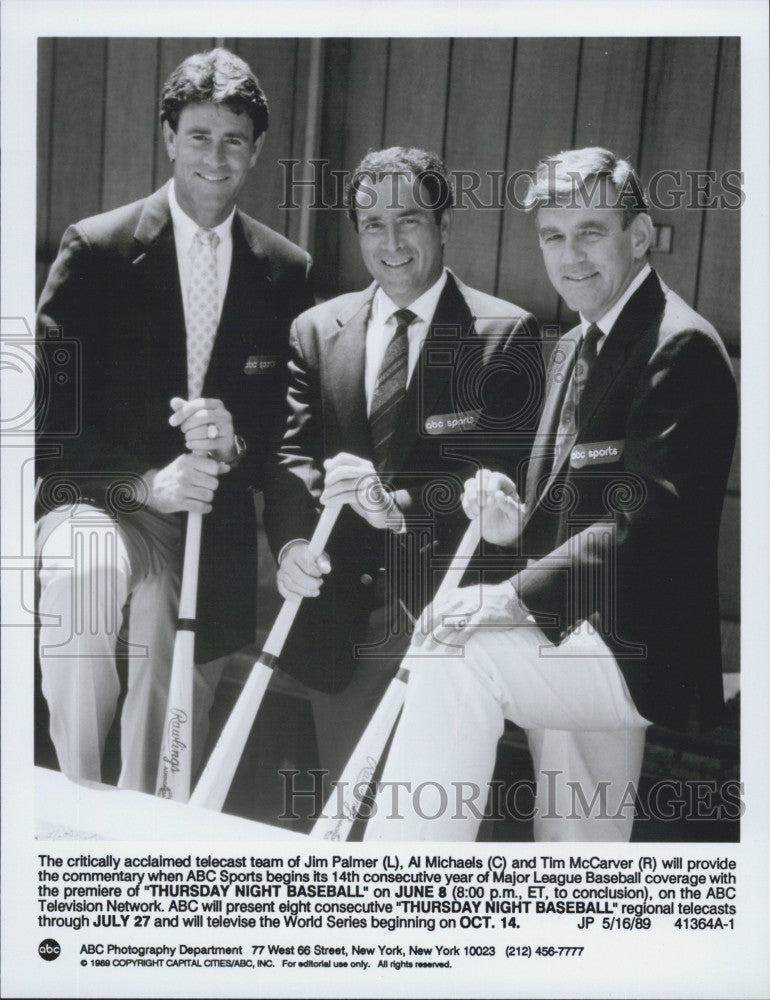 1989 Press Photo Sportscasters Jim Palmer, Al Michaels, Tim McCarver - Historic Images