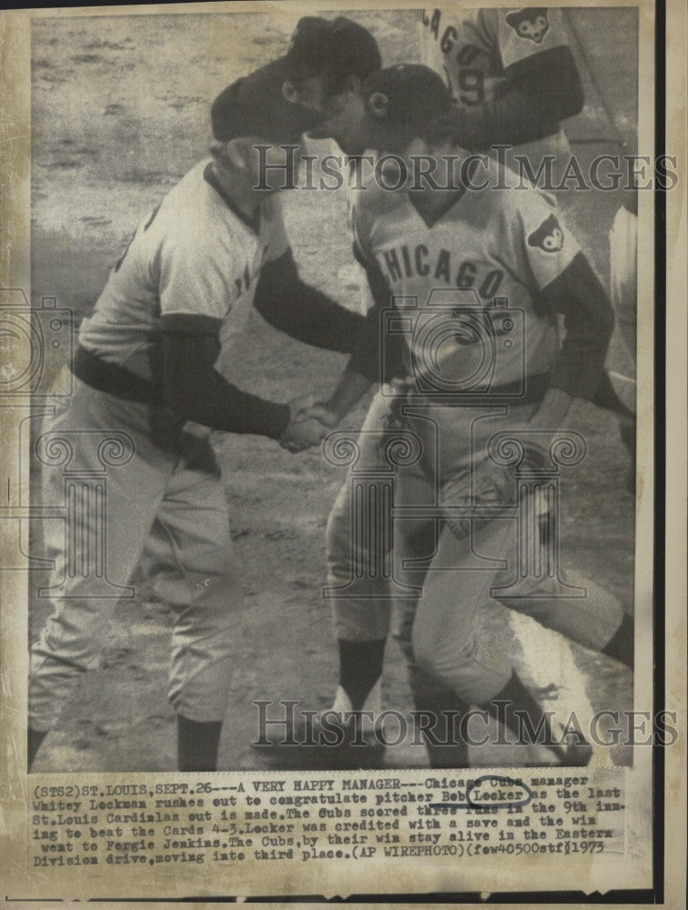 1973 Press Photo Chicago Cubs Manager Whitey Lockman, Pitcher Bob Locker - Historic Images