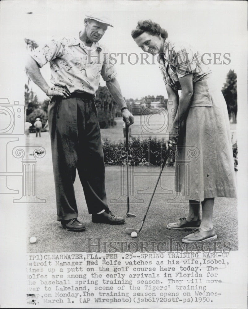 1950 Press Photo Detroit manager Red Rolfe &amp; wife Isobel golfing - Historic Images