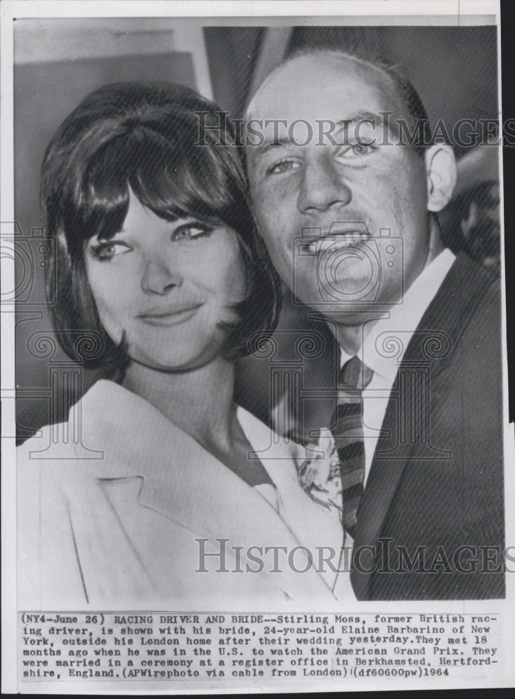 1964 Press Photo Race driver Stirling Moss &amp; bride Elaine Barbarino - Historic Images