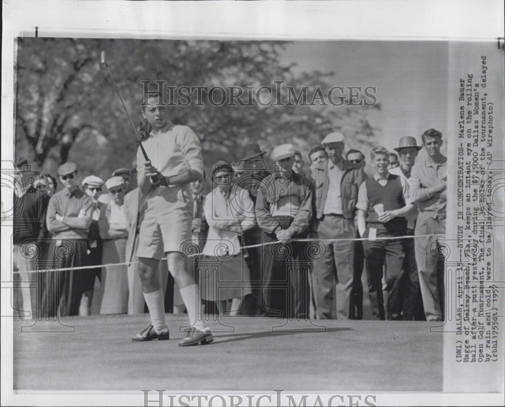 1957 Press Photo Marlene Bauer,keep intent eye on the rolling ball. - Historic Images