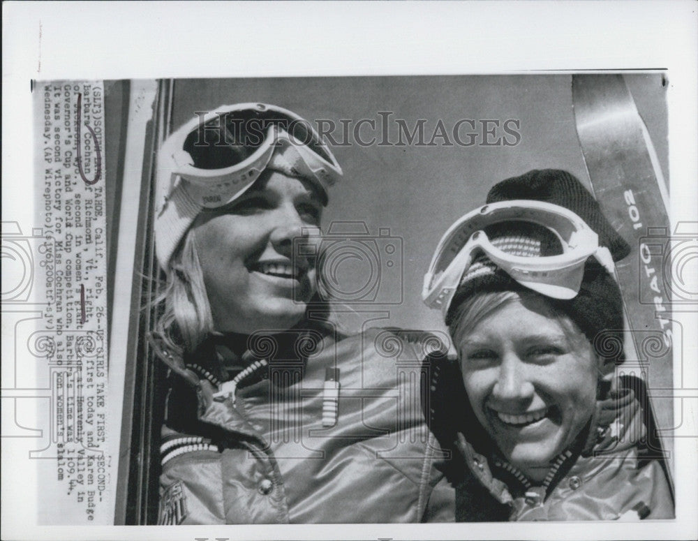 1972 Press Photo Skiers Barbara Cochran (r) &amp; Karen Budge on California - Historic Images