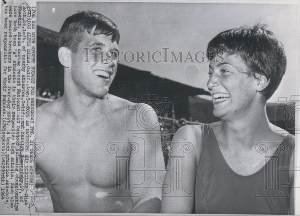 1964 Press Photo Swimmer&#39;s Dick Roth &amp; Marilyn Ramenofsky at Practice - Historic Images