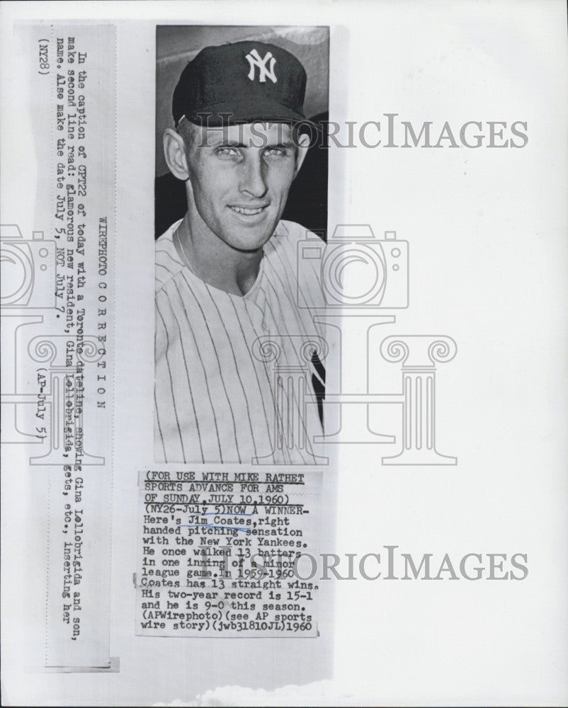 1960 Press Photo Jim Coates Pitcher New York Yankees - Historic Images