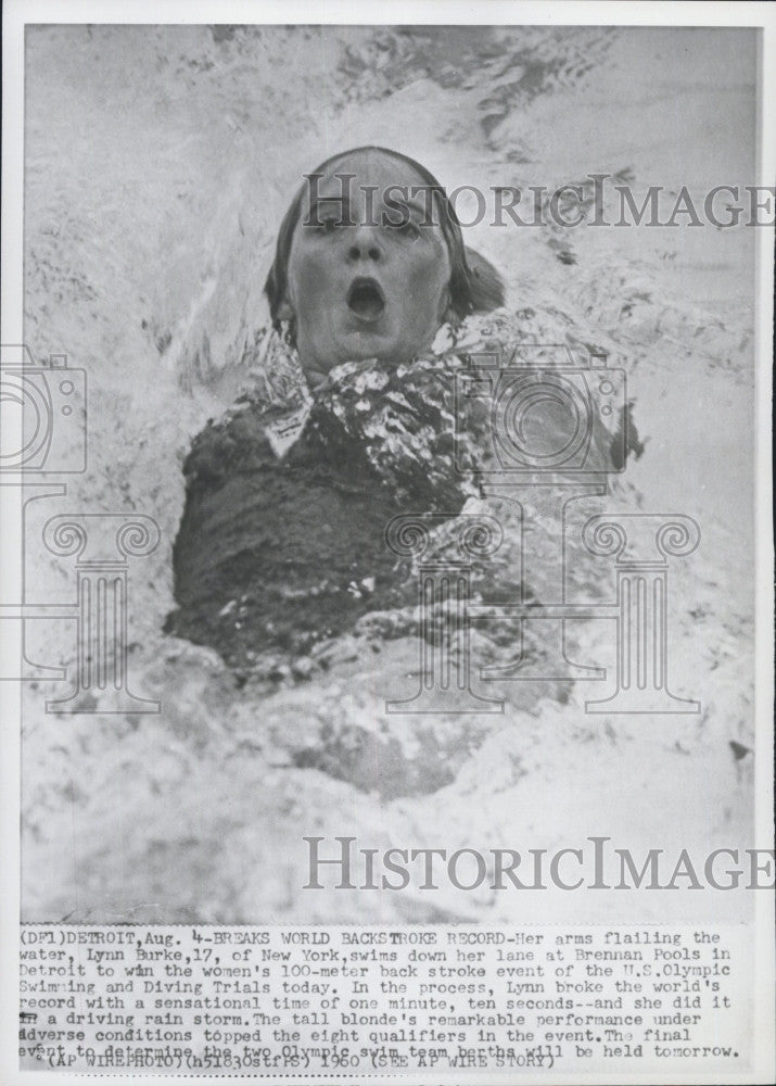 1960 Press Photo Swimmer Lynn Burke 100-Meter Backstroke at Olympic Trials - Historic Images