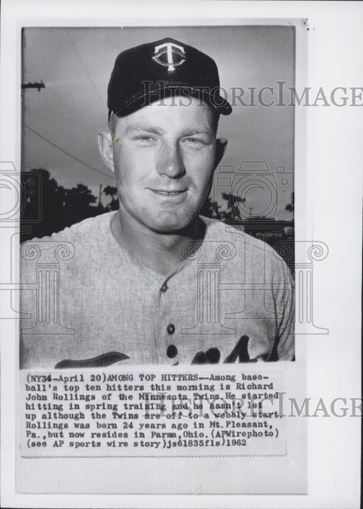 1962 Press Photo Richard Rollings Minnesota Twins Baseballs Top 10 Hitters - Historic Images