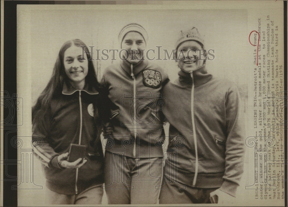 1976 Press Photo Olympic speed skating winners S Young,L Poulos,S Burka - Historic Images