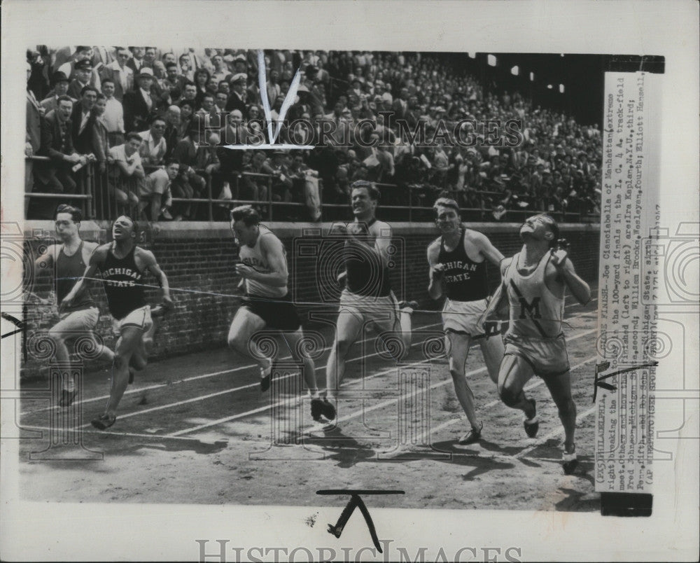 1947 Press Photo Joe Cianciabella wins 100 Y track race - Historic Images