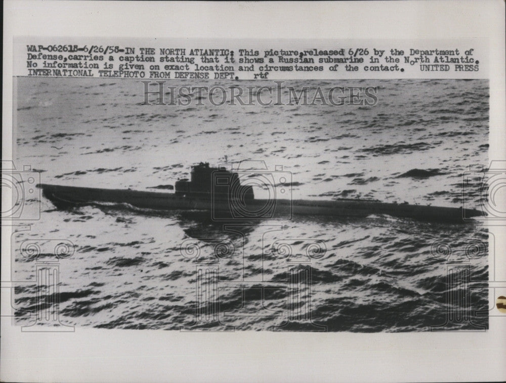 1958 Press Photo Dept of Defense photo Russian Submarine North Atlantic - Historic Images