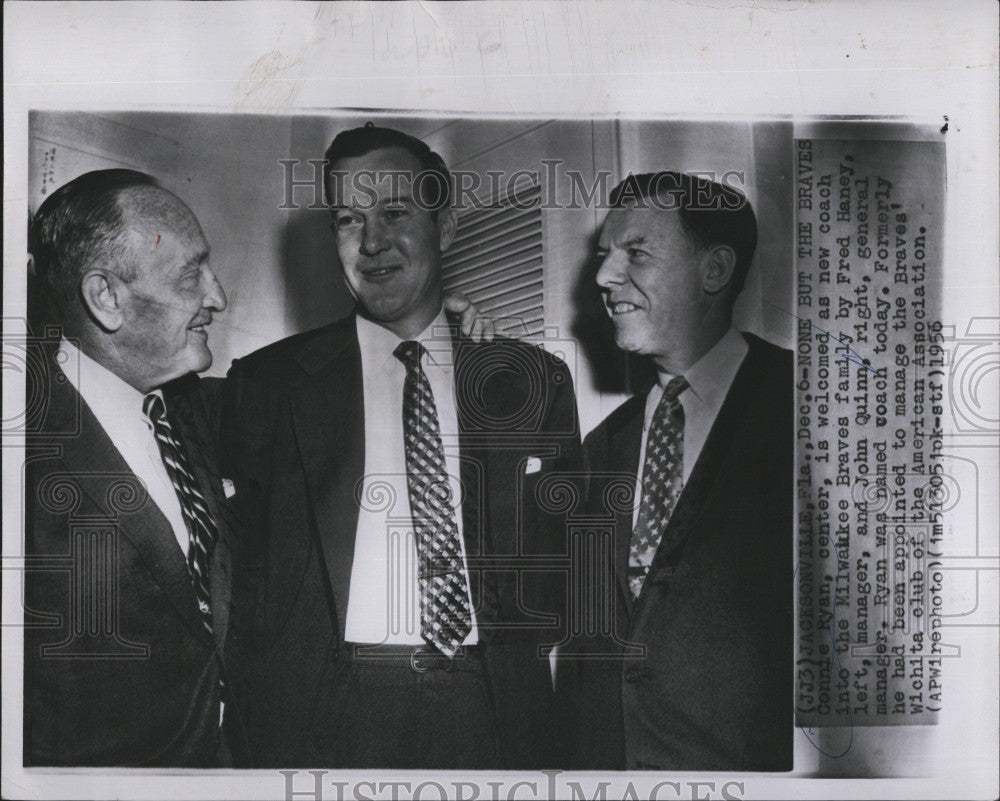 1956 Press Photo John Quinn,Fred Haney &amp; new coach C Ryan for Mil. Braves - Historic Images