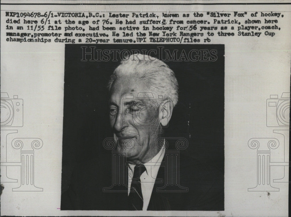 1960 Press Photo Lester Patrick, &quot;Silver Fox&quot; of hockey died today - Historic Images