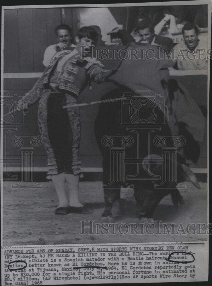 1968 Press Photo Manuel Benitez, know as El Cordobes, Spanish matador. - Historic Images