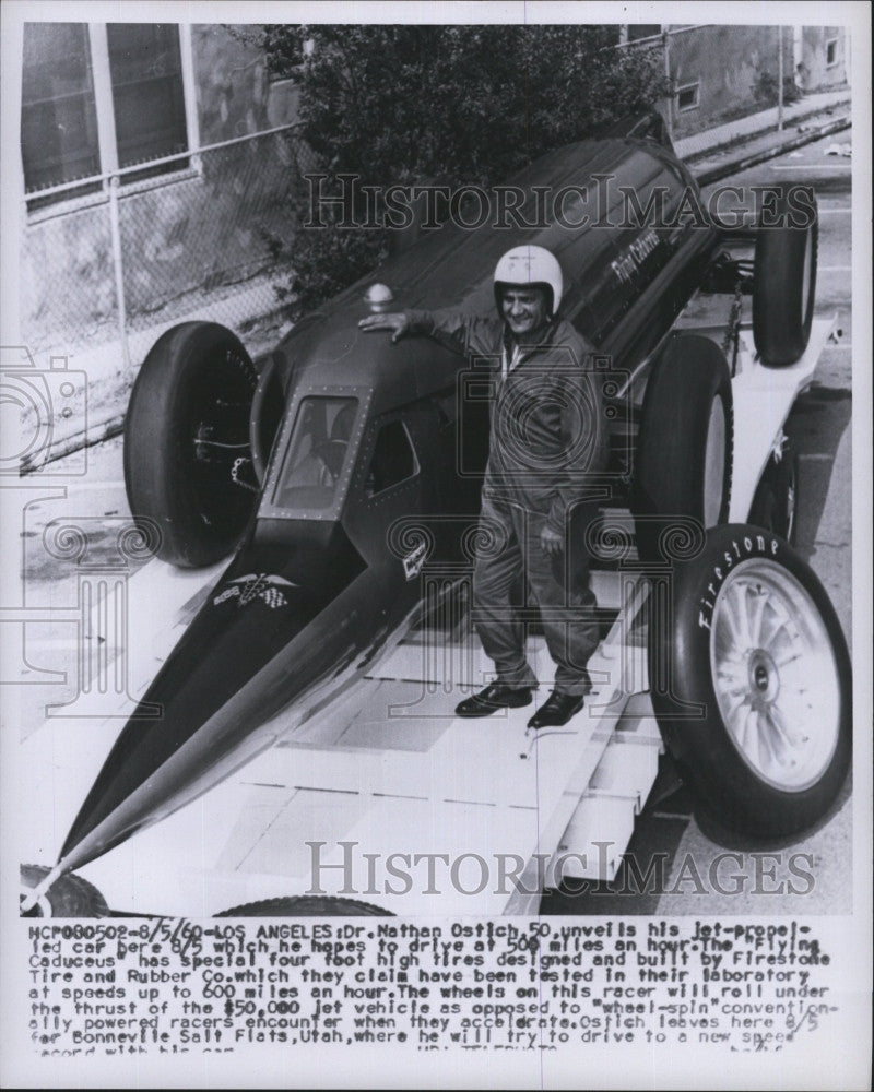 1960 Press Photo Dr. Nathan Ostich with his jet propelled car - Historic Images