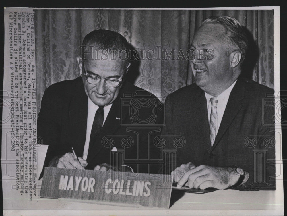 1963 Press Photo Boston Mayor J Collins &amp; VP Lyndon Johnson - Historic Images