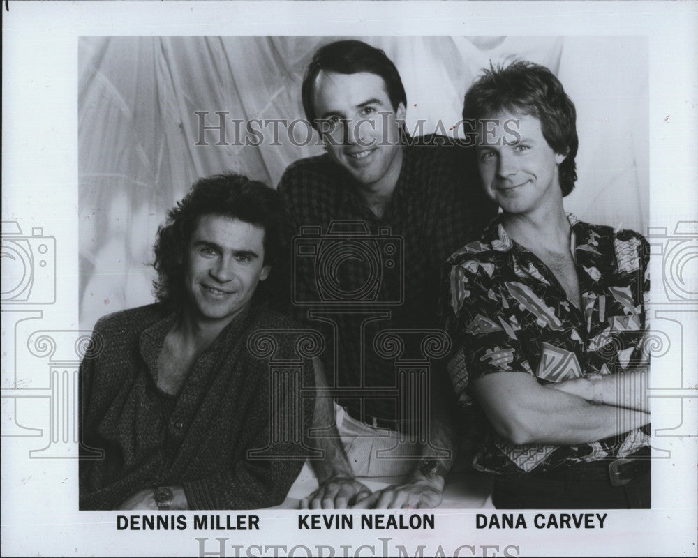 1987 Press Photo Actors, Dennis Miller, Kevin Nealon, Dana Carvey - Historic Images