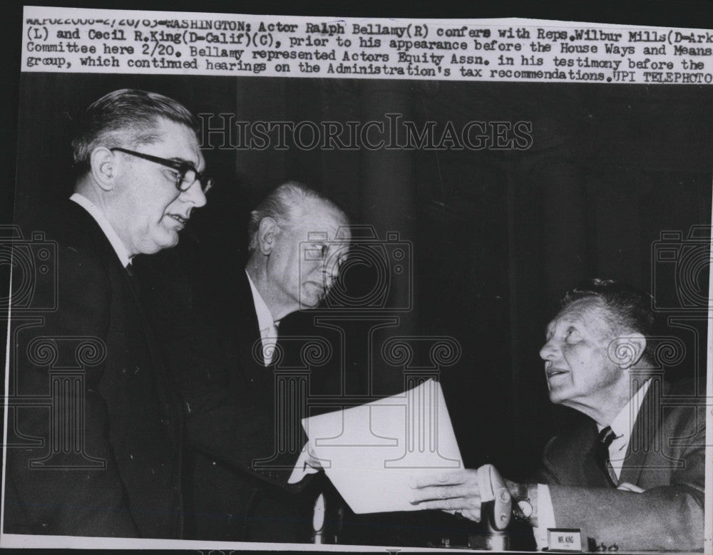 1963 Press Photo Actor Ralph Bellamy &amp; Reps Wilbur Mills &amp; Cecil King - Historic Images