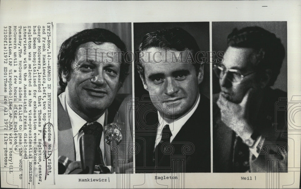 1972 Press Photo Gordon Weil, Frank Mankiewicz, Thomas Eagleton - Historic Images