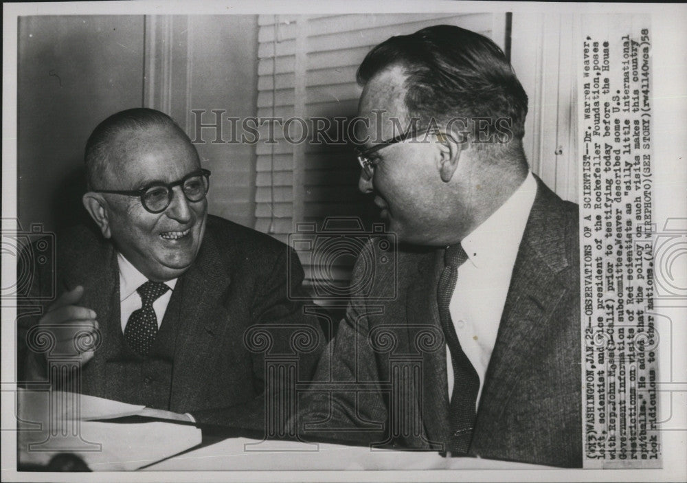 1958 Press Photo Dr. Warren Weaver, Rep. John Mosa - Historic Images