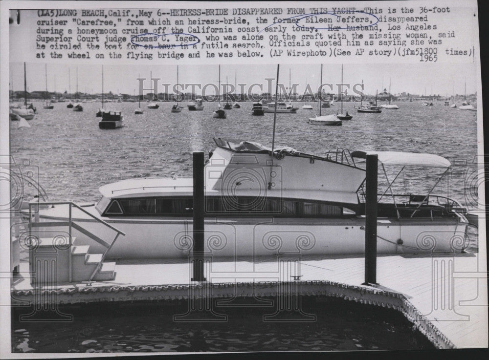 1965 Press Photo Heiress Eileen Jeffers , 35 foot cruiser &quot; Carefre&quot; Yacht. - Historic Images