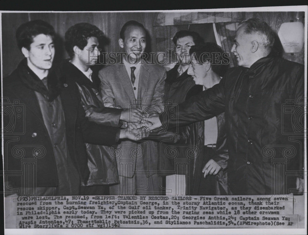 1962 Press Photo Five Greek Sailors rescued by burning freighter. - Historic Images