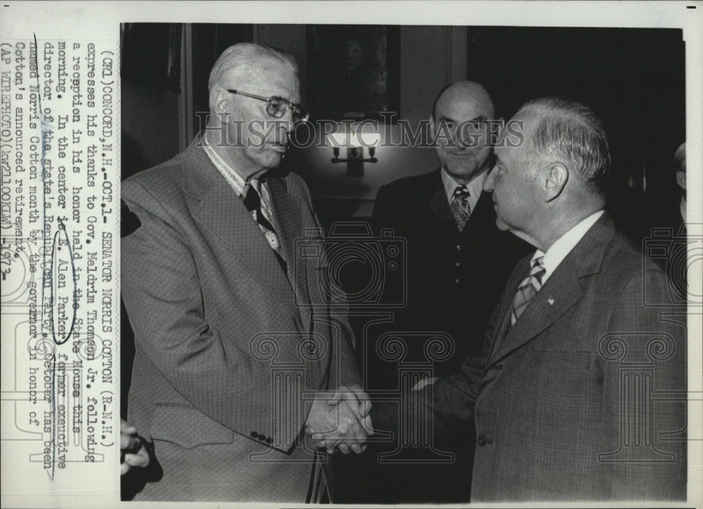 1973 Press Photo Sen. Norris Cotton, Gov. Meldrim Thomson Jr. &amp; E. Alen Parker - Historic Images