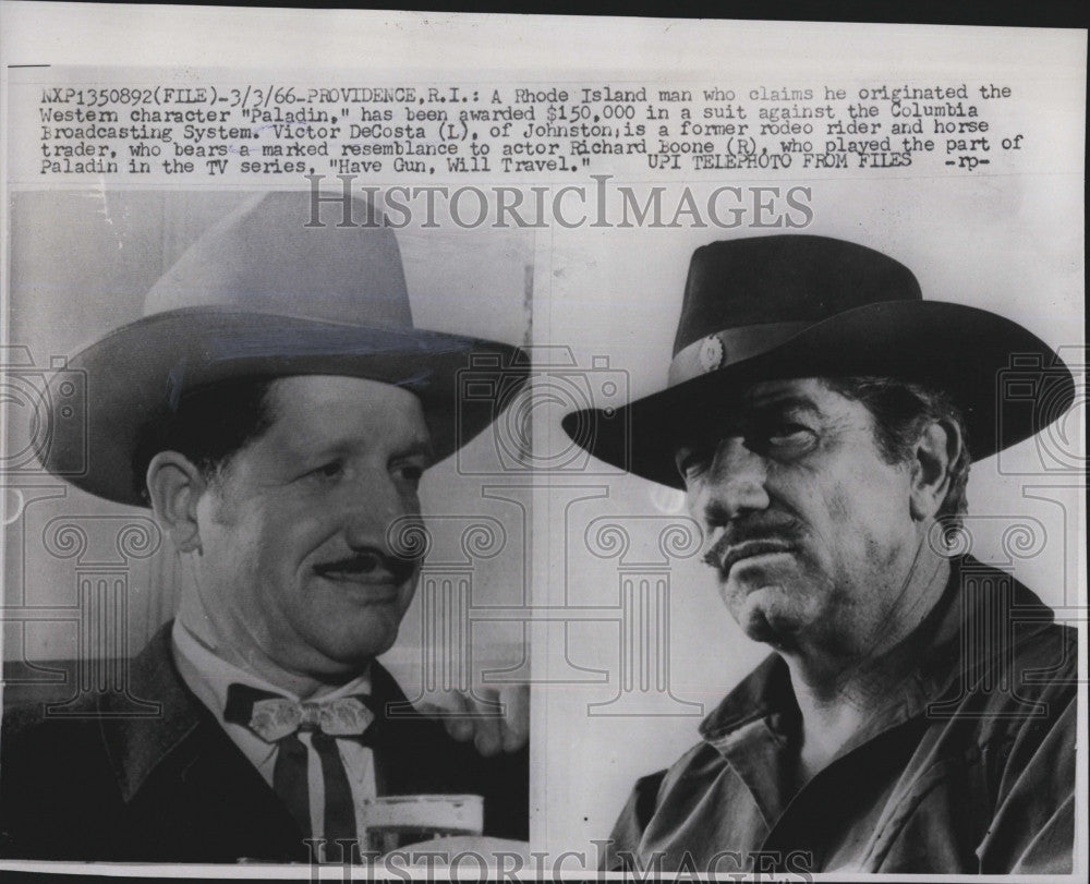 1966 Press Photo Victor DeCosta Infringement Lawsuit CBS Paladin TV Character - Historic Images