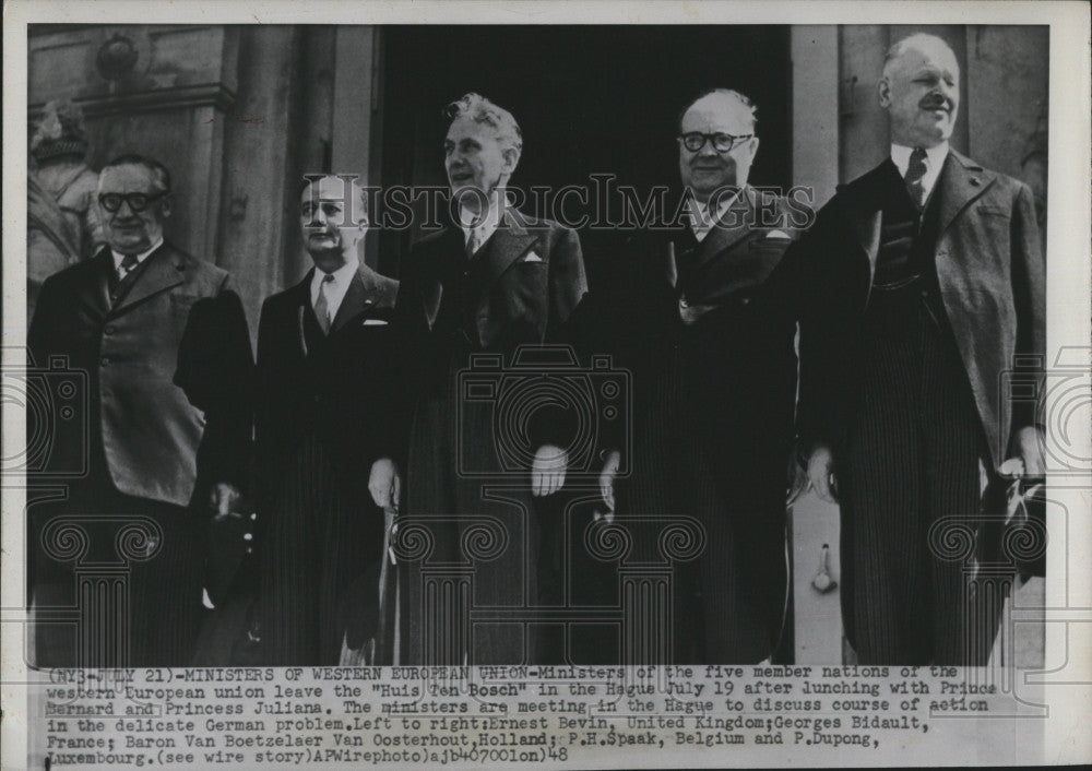 1948 Press Photo E. Bevin, G. Bidault, B. Van Boetzelaer, P. Spaak, P. Dupong - Historic Images