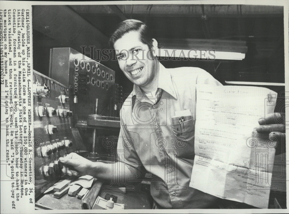 1972 Press Photo Donald A. Cosentino, Lottery Winner  from Massachusetts. - Historic Images