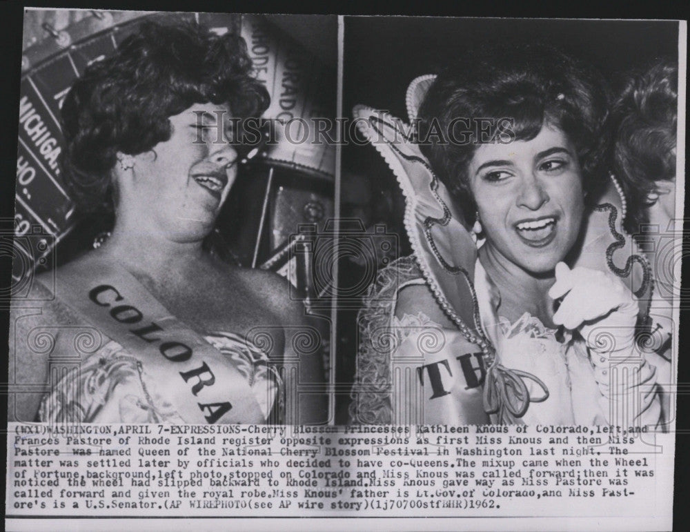 1962 Press Photo Cherry Blossom Princesses Kathleen Knous and Frances Pastore - Historic Images