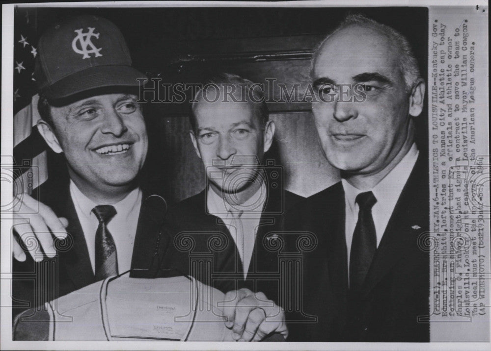 1964 Press Photo Kentucky Governor Edward E Branghitt, with Charles O Finley and - Historic Images