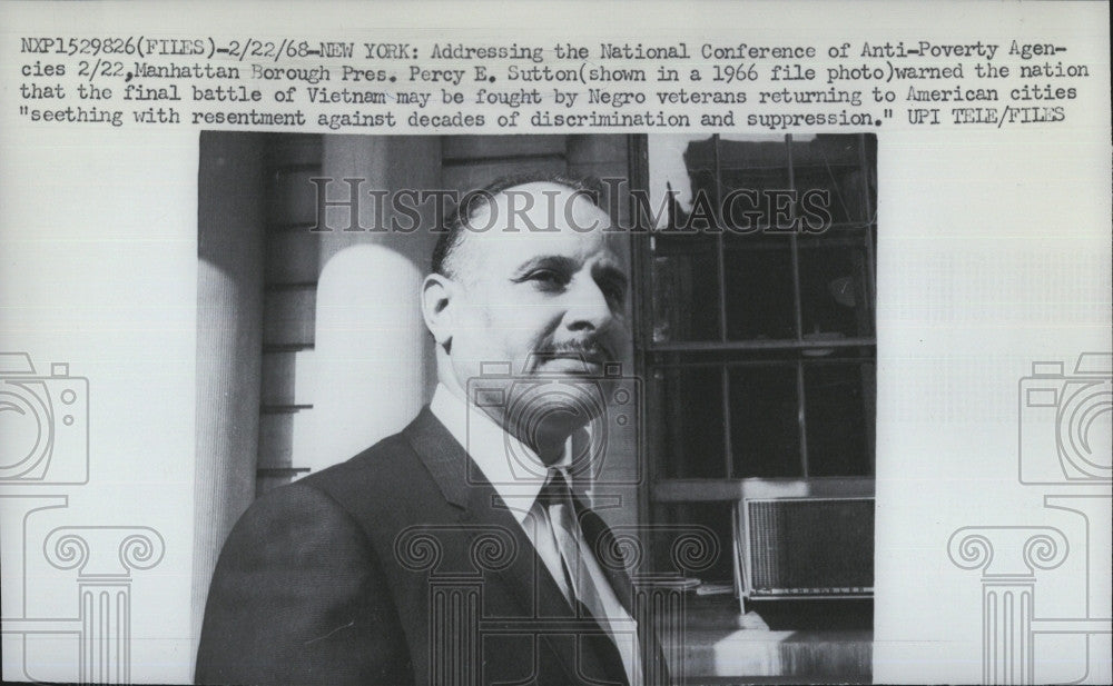 1968 Press Photo Manhattan Borough Pres. Percy E. Sutton - Historic Images