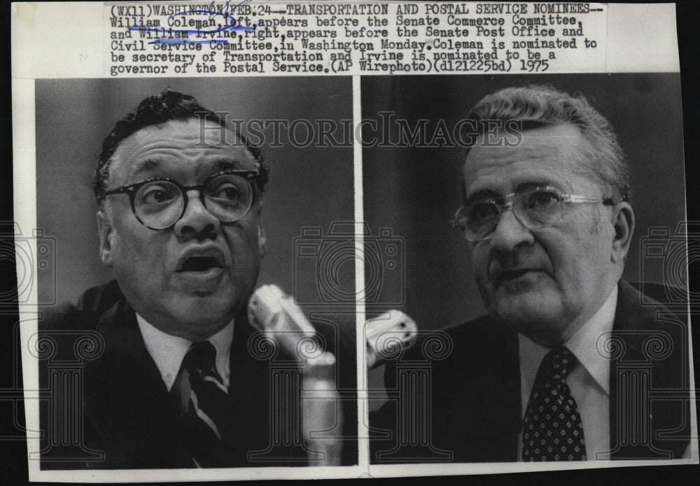 1975 Press Photo Transportation and Postal Service Nominees William Coleman and - Historic Images