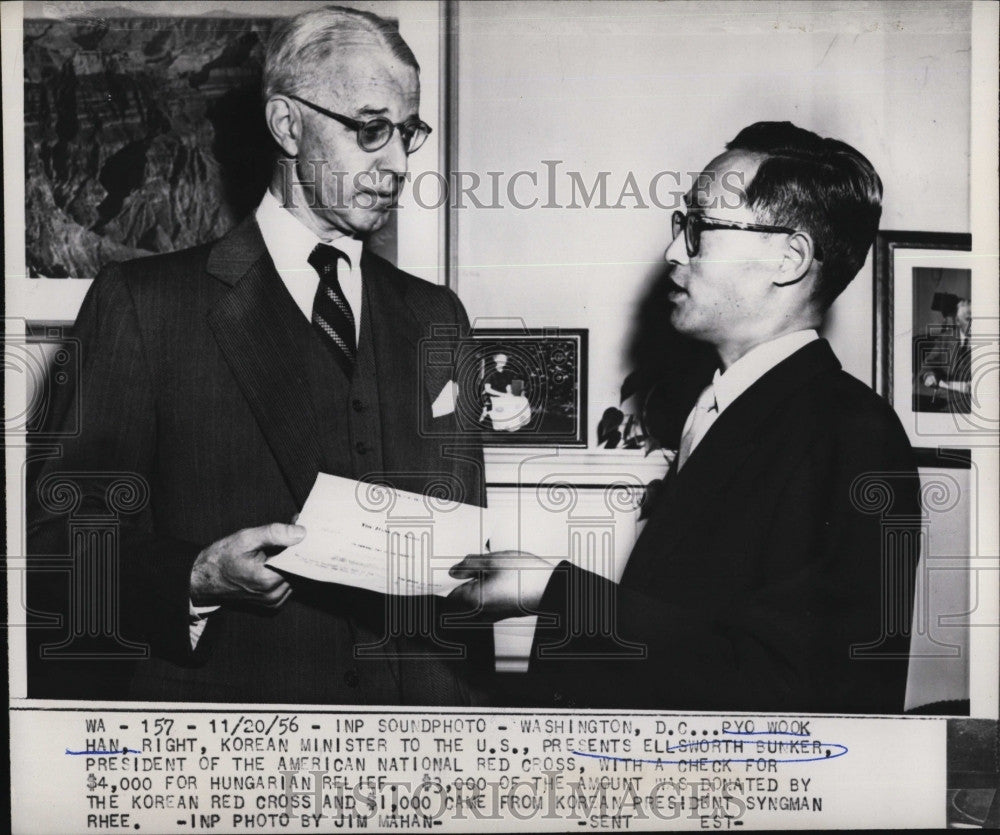 1956 Press Photo Pyo Wook Han, Korean Minister to the U.S., Ellsworth Bunker - Historic Images