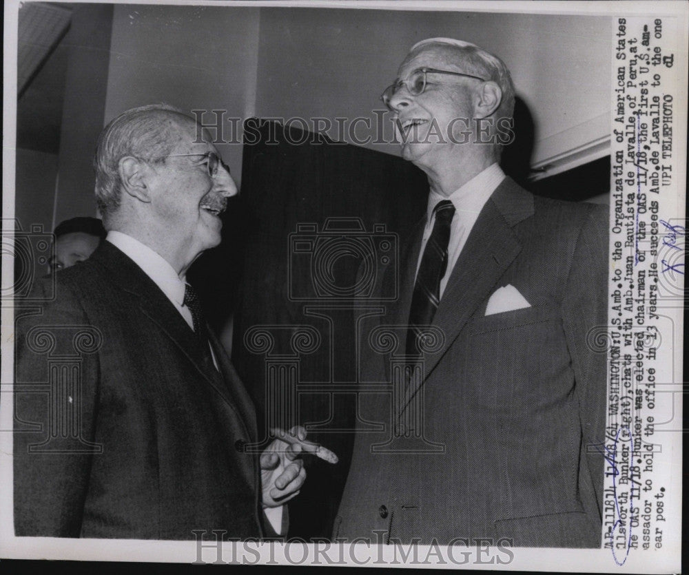 1964 Press Photo Ellsworth Bunker, Amb. Juan Bautista de Lavalle of Peru - Historic Images