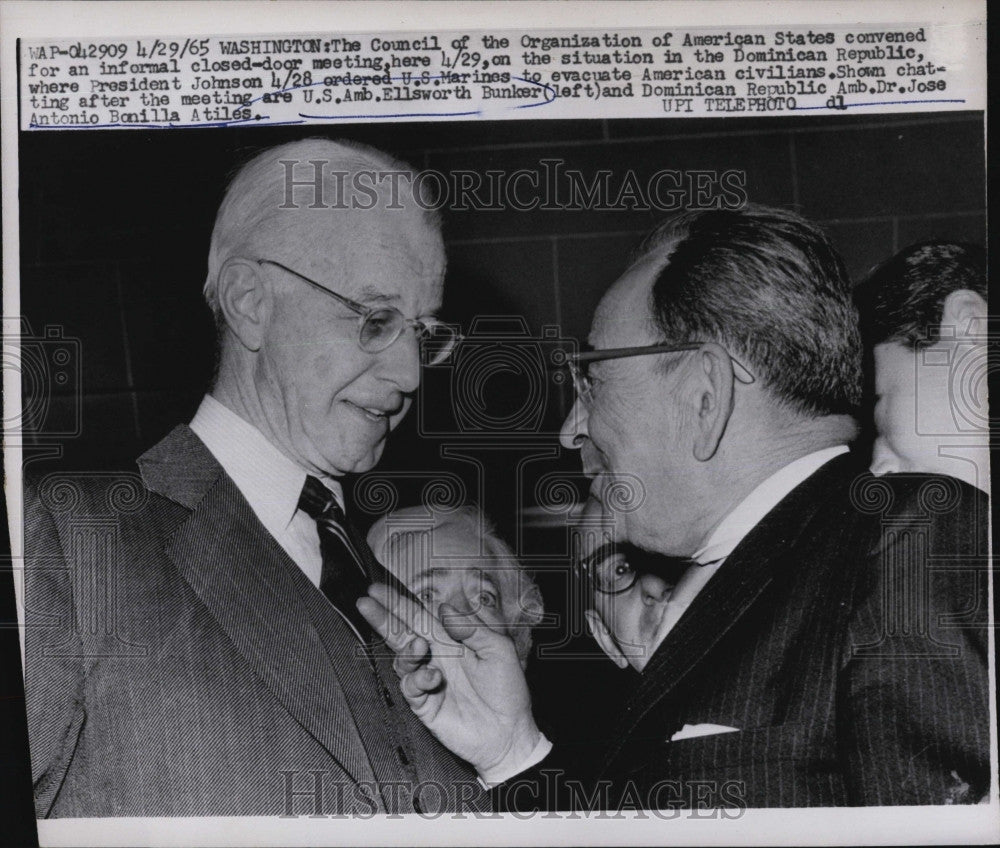 1965 Press Photo U.S. Amb. Ellsworth Bunker and Dominican Republic&#39;s Jose Atiles - Historic Images