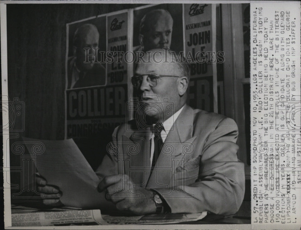 1953 Press Photo  John L E Bud Collier prepares for election for new congressman - Historic Images