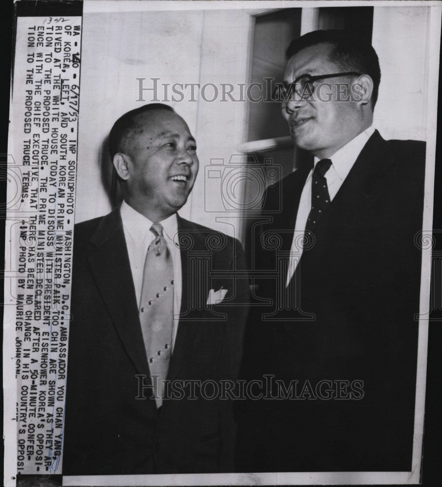 1953 Press Photo Korean Amb. You Chou Yang &amp; South Korean PM Paik Too Chin - Historic Images