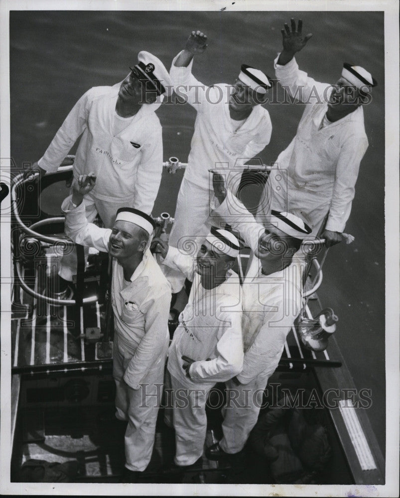 1957 Press Photo crew of USS Des Moines at Charlewtown Navy Yard - Historic Images