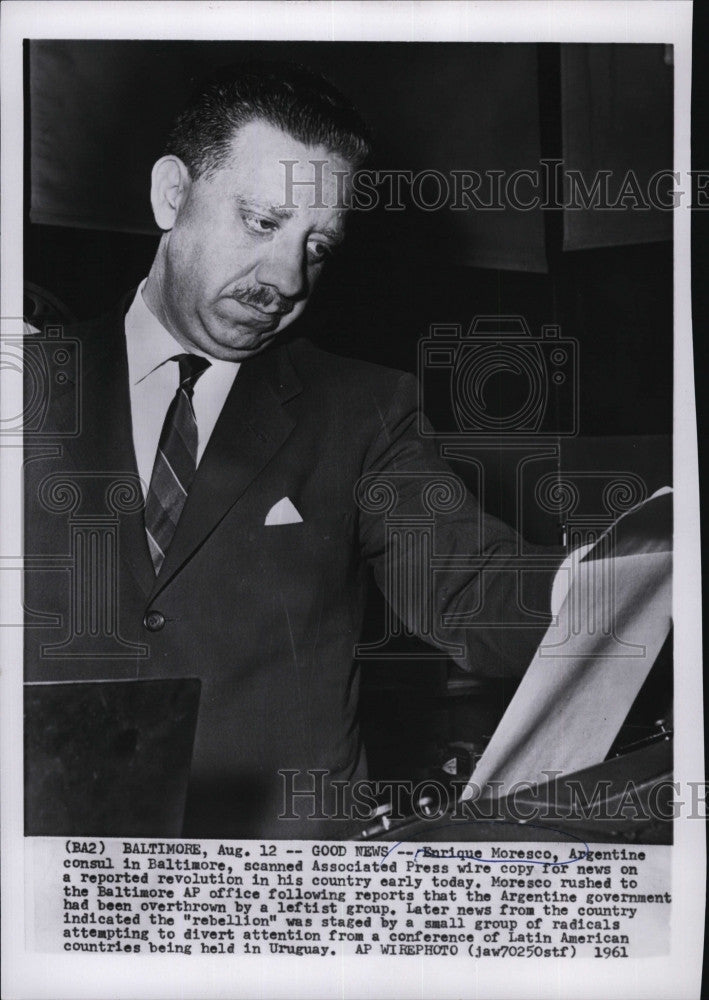 1961 Press Photo Enrique Moresco, Argentine Consul in Baltimore - Historic Images