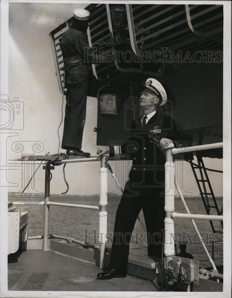 1964 Press Photo Rear Adm Harry Hull Walks Up Ladder On The Boston - Historic Images