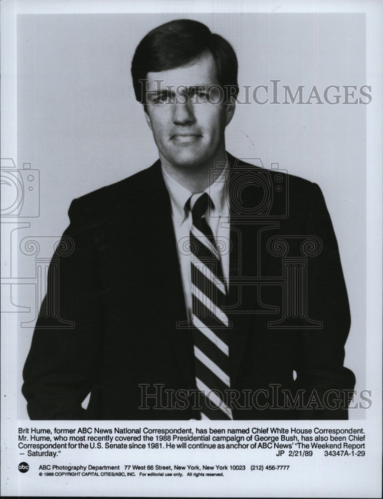 1989 Press Photo Correspondent, Brit Hume for ABC &quot;The Weekend Report&quot; - Historic Images