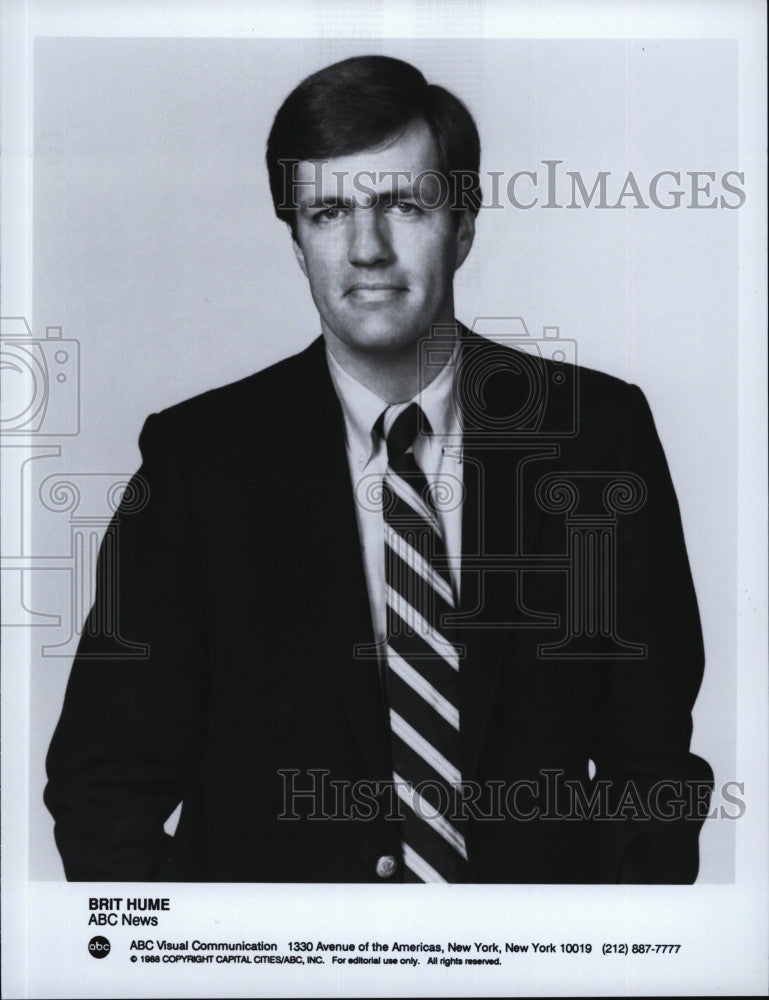 1988 Press Photo Correspondent, Brit Hume for ABC &quot;The Weekend Report&quot; - Historic Images