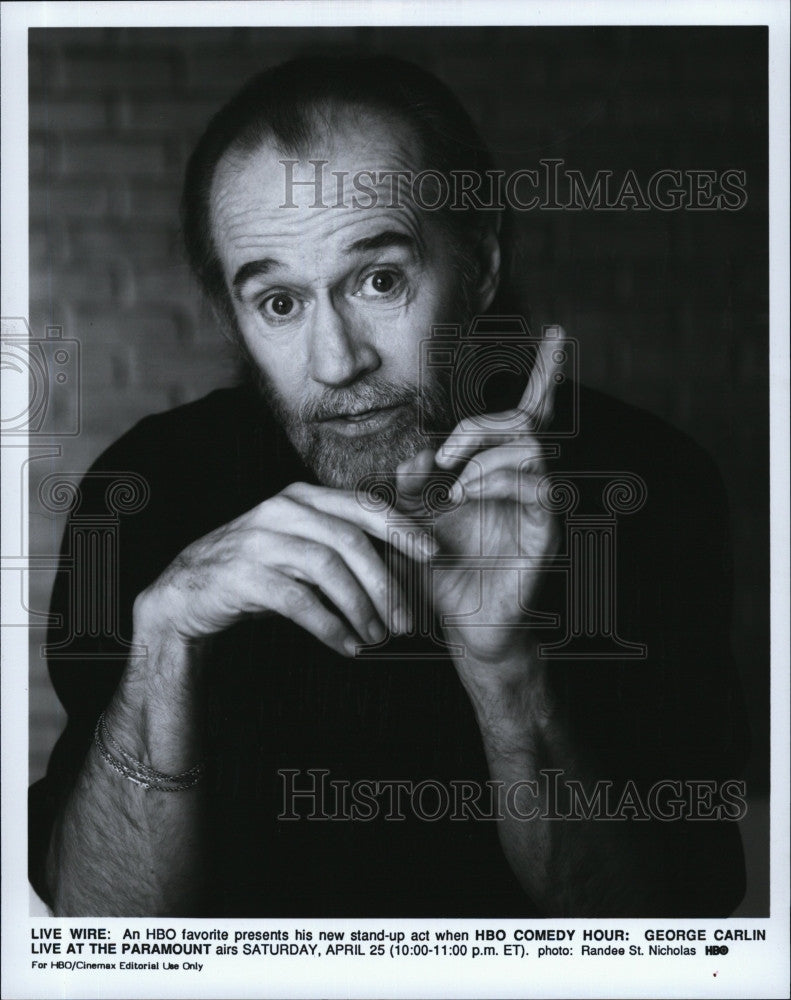 1989 Press Photo Stand up comedian, George Carlin on &quot;HBO Comedy Hour&quot; - Historic Images