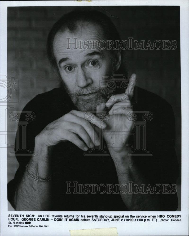 1990 Press Photo Stand up comedian, George Carlin on &quot;HBO Comedy Hour&quot; - Historic Images