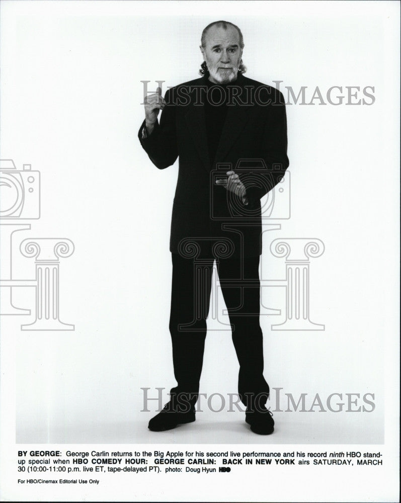 1990 Press Photo Stand up comedian, George Carlin on &quot;HBO Comedy Hour&quot; - Historic Images