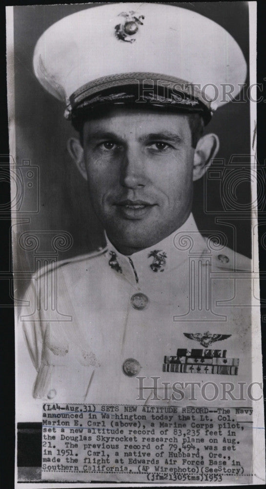 1953 Press Photo Lt. Col. Marion E. Carl, Marine Corps Pilot - Historic Images