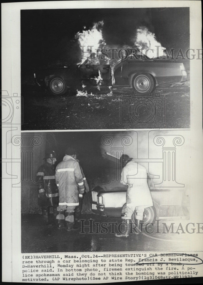 1972 Press Photo Burning car belonging to Rep. Francis J. Bevilacqua - Historic Images